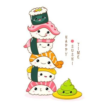 Stack of cute sushi and rolls in kawaii style with smiling faces. Japanese tr Illustrazione stock