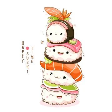 Stack of cute sushi and rolls in kawaii style with smiling faces. Japanese .. Stock Illustration