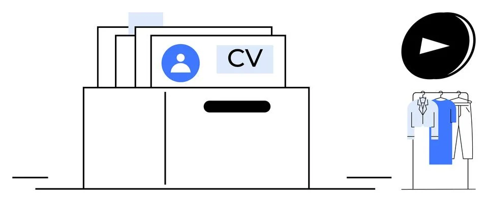 Stack of CVs in drawer with avatar icon, large play button, and clothing rack Ilustração Stock