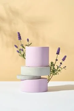 A stack of cylinder and round podium in different color with some lavender fl Fotos Stock