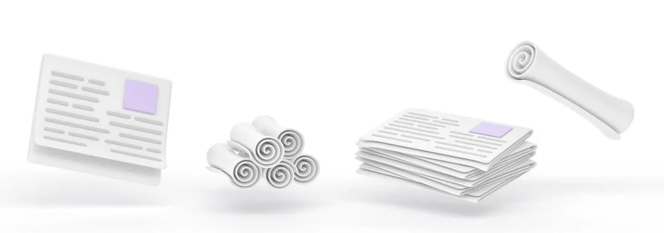 Stack of daily newspaper, magazines rolled up into tube, news paper with folded Stock Illustration