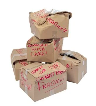 Stack of Damaged Fragile Boxes Isolated On White 스톡 사진