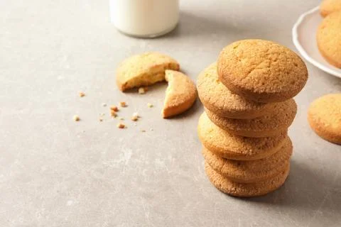 Stack of Danish butter cookies on table. Space for text Stock Photos