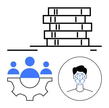 Stack of data servers, team figures inside a gear, facial recognition overlay Stock Illustration