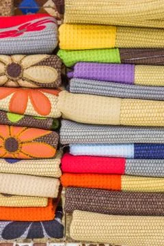 Stack of decorative towels on a market in Valenca Stock Photos