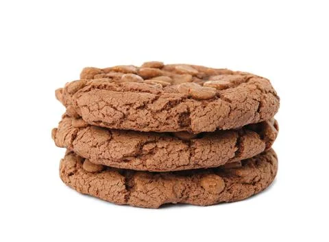 Stack of delicious chocolate chip cookies on white background Stock Photos