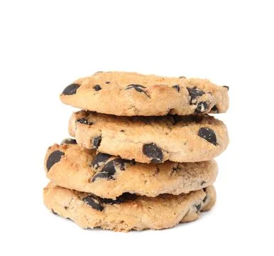 Stack of delicious chocolate chip cookies on white background Stock Photos