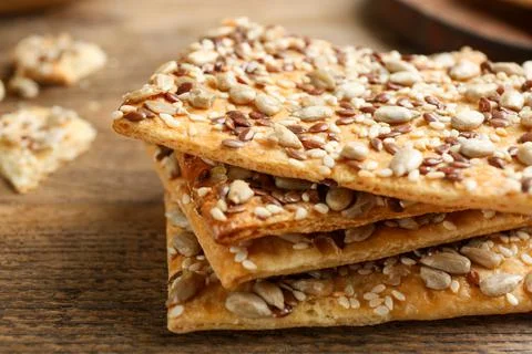 Stack of delicious crackers on table, closeup Stock Photos