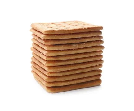 Stack of delicious crispy crackers isolated on white Stockfoto's