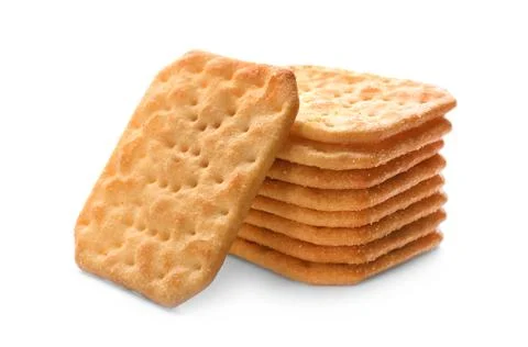 Stack of delicious crispy crackers isolated on white Stock Photos