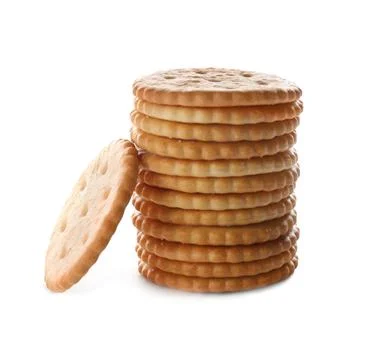 Stack of delicious crispy crackers isolated on white 스톡 사진