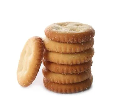 Stack of delicious crispy crackers isolated on white Stock Photos