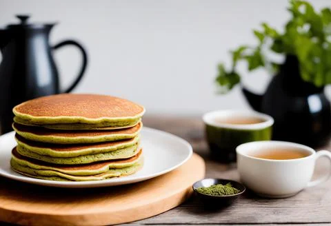 A stack of delicious Matcha tea pancakes. 스톡 사진