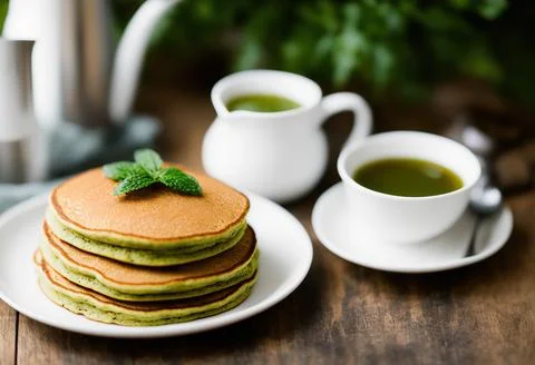 A stack of delicious Matcha tea pancakes. Stock Photos