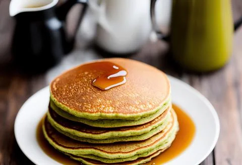 A stack of delicious Matcha tea pancakes. Stock Photos