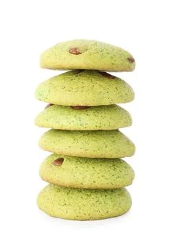 Stack of delicious mint chocolate chip cookies isolated on white 스톡 사진