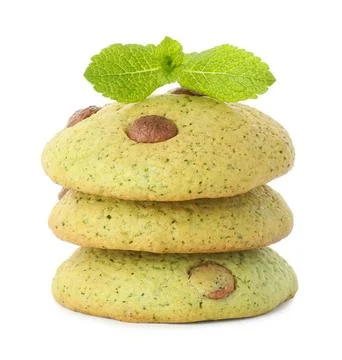 Stack of delicious mint chocolate chip cookies isolated on white 스톡 사진