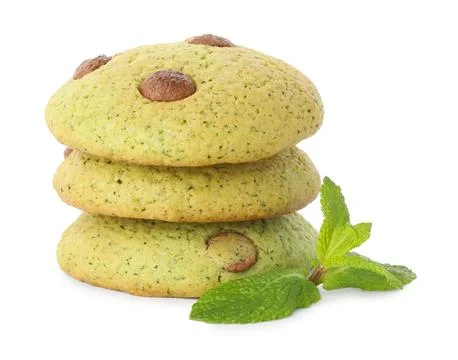 Stack of delicious mint chocolate chip cookies isolated on white 스톡 사진