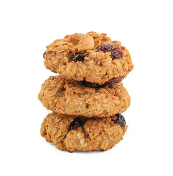 Stack of delicious oatmeal cookies with dried cranberries and nuts isolated.. 스톡 사진