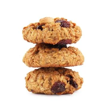 Stack of delicious oatmeal cookies with dried cranberries and nuts isolated.. 스톡 사진