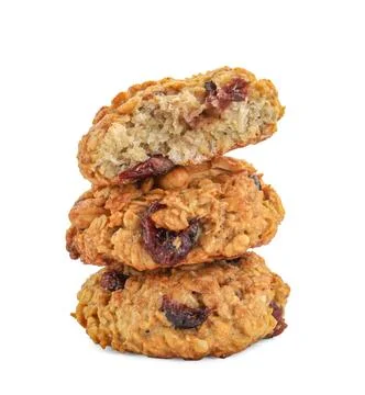 Stack of delicious oatmeal cookies with dried cranberries and nuts isolated.. 스톡 사진
