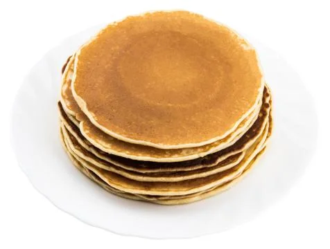 Stack of delicious pancakes on plate isolated on white Stock Photos