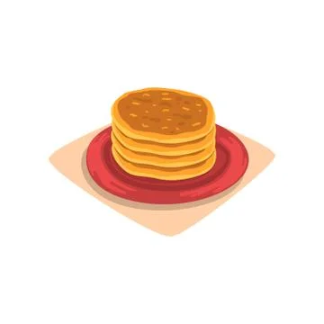 Stack of delicious pancakes on red plate. Tasty fast food dessert. Breakfast Stock Illustration