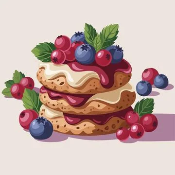Stack of delicious pancakes topped with fresh berries and mint Stock Illustration