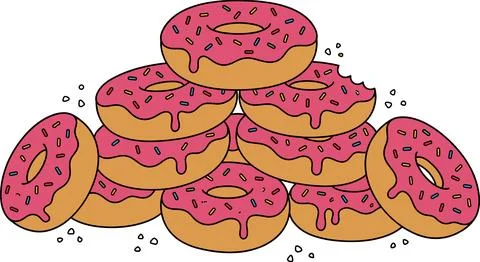 Stack of Delicious Pink Frosted Donuts with Sprinkles. Illustrazione stock