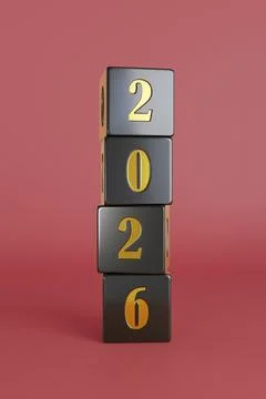 Stack of dice with the year 2026. 3d illustration. Stockfoto's