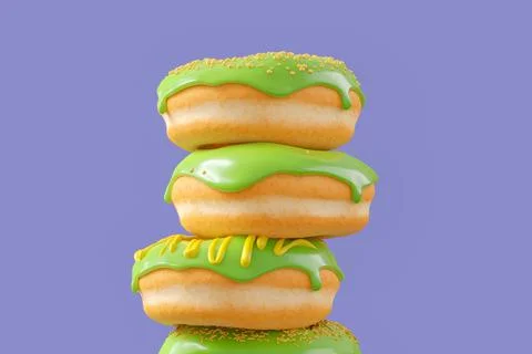 Stack of different chocolate glazed donut with sprinkles on a violet background Stock Illustration