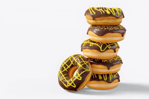 Stack of different chocolate glazed donut with sprinkles on a white background Illustrazione stock