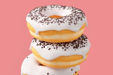 Stack of different chocolate glazed donut with sprinkles on a pink background Foto stock