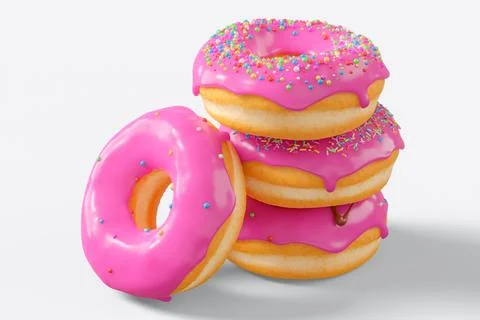 Stack of different chocolate glazed donut with sprinkles on a white backgroun Foto stock