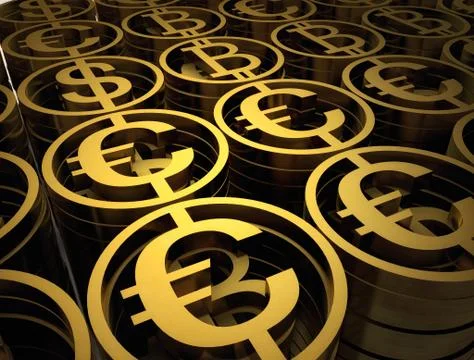 Stack of different coins contains of bitcoin, dollar and euro. Success financial 스톡 일러스트