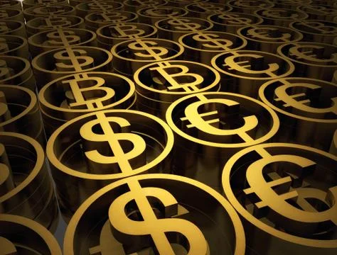 Stack of different coins contains of bitcoin, dollar and euro. Success financial 스톡 일러스트