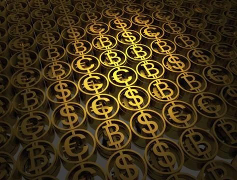 Stack of different coins contains of bitcoin, dollar and euro. Success financial Illustrazione stock