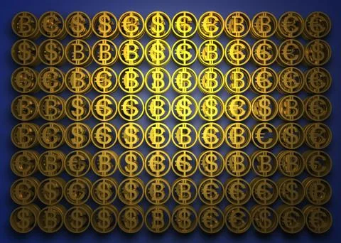 Stack of different coins contains of bitcoin, dollar and euro. Success financial Stock Illustration