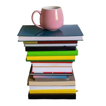 Stack of different colorful books and cup of coffee, isolated on white Stock Photos
