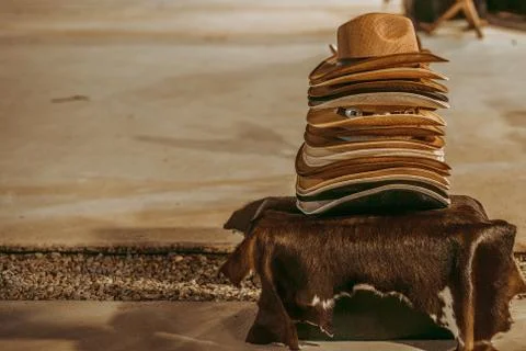 A stack of different cowboy hats, retro. Stock Photos
