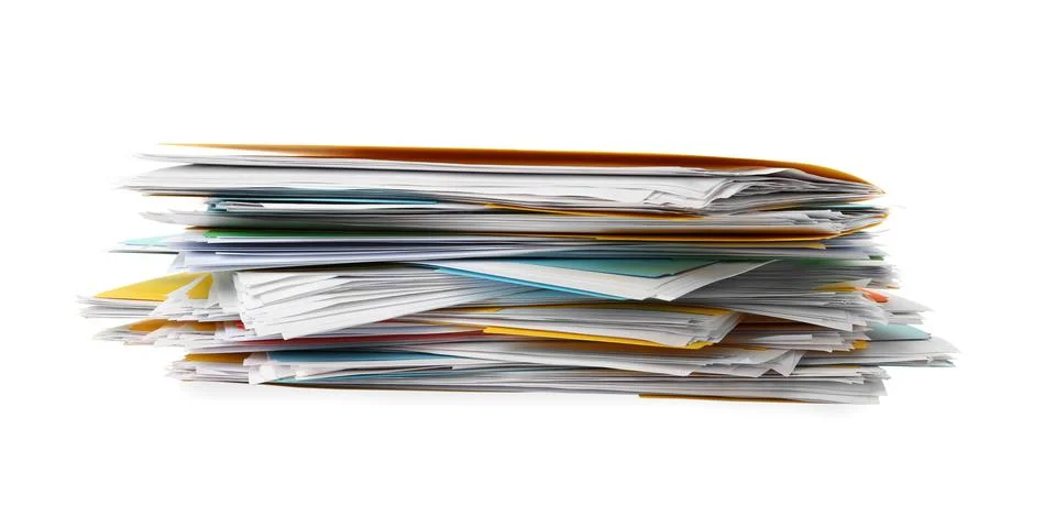 Stack of different files with documents on white background 写真素材