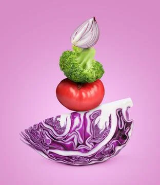 Stack of different fresh vegetables on pink background Foto stock
