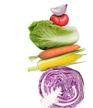 Stack of different fresh vegetables on white background Stockfoto's