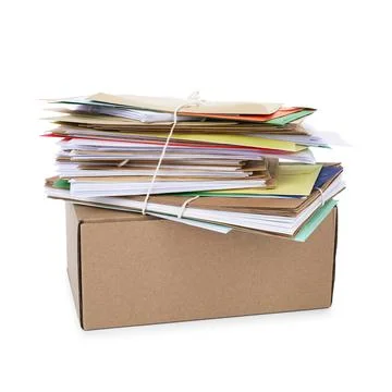 Stack of different paper envelopes and parcel on white background. Post offic Foto stock