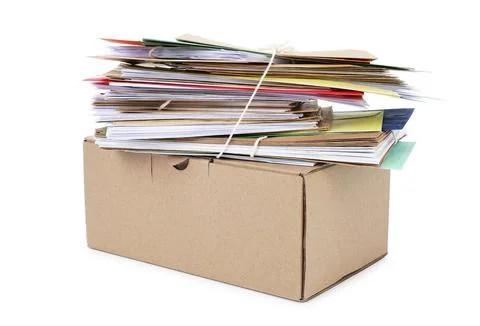 Stack of different paper envelopes and parcel on white background. Post offic 写真素材