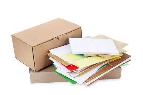 Stack of different paper envelopes and parcels on white background. Post offi 스톡 사진