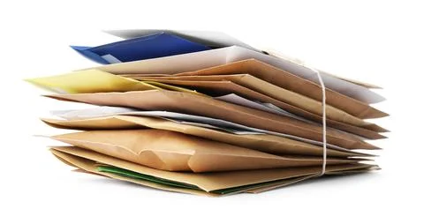 Stack of different paper envelopes isolated on white. Post office Foto stock