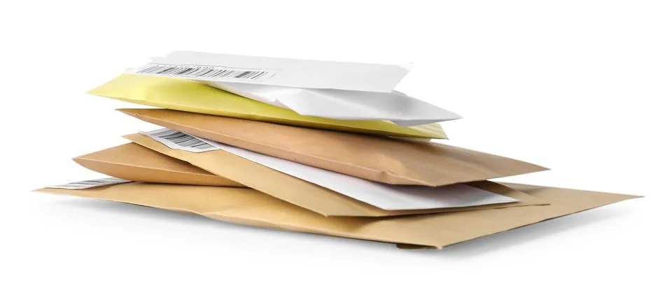 Stack of different paper envelopes isolated on white. Post office 写真素材