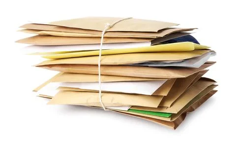 Stack of different paper envelopes isolated on white. Post office Foto stock