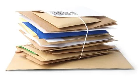 Stack of different paper envelopes isolated on white. Post office Foto stock